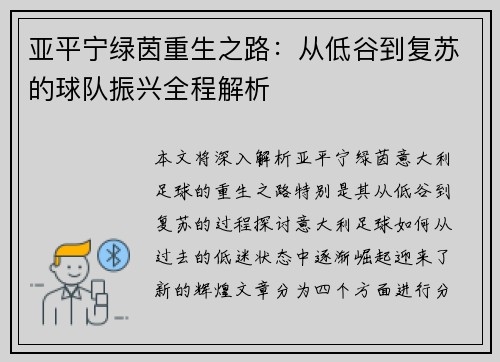亚平宁绿茵重生之路：从低谷到复苏的球队振兴全程解析