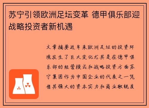 苏宁引领欧洲足坛变革 德甲俱乐部迎战略投资者新机遇